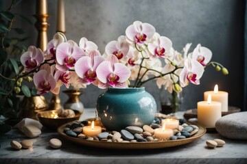 Obraz na płótnie Canvas Tranquil Table Candle with Flower Decor. Generative AI