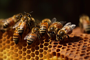 Close up view of the working bees on honeycells - selective focus