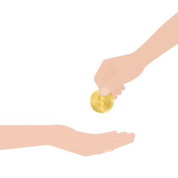 Hand Giving Coin. Vector Illustration Isolated on White Background. Investment and Saving Concept.