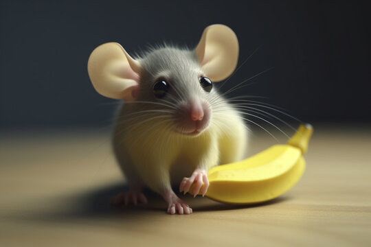 Cute little rat with a banana on a wooden table. Studio shot.
