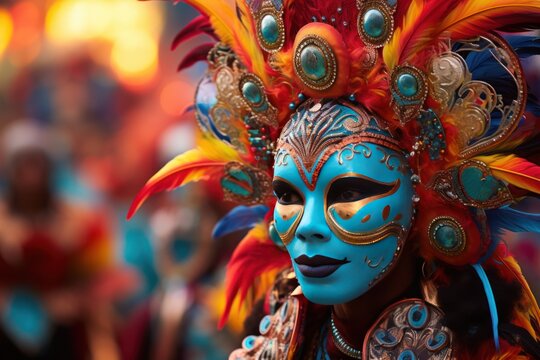 Vibrant dancers adorned in fancy costumes and masks, parading joyfully.
