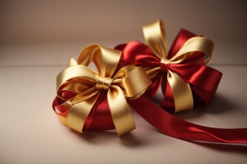 gold and red ribbon bow on the table. Generative AI