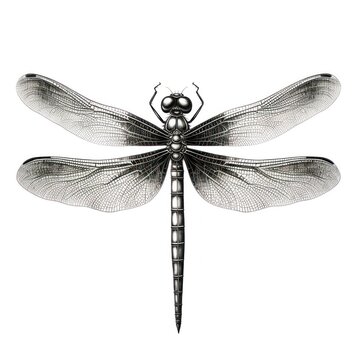 1800s-style dragonfly engraving on white background in vintage illustration.