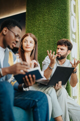Diverse team discussing business strategies and market research in a modern co-work space, analyzing data to maximize productivity and profit. Networking for new opportunities in the downtown area.