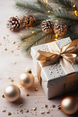 Fototapeta na wymiar Christmas gift box and golden bauble.