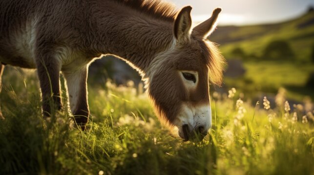 Donkey feeding on grass in the early morning light.