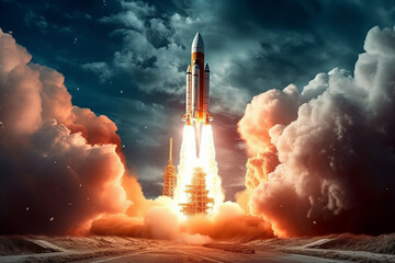 Gigantic rocket launch, hyper-realistic - obrazy, fototapety, plakaty