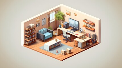 isometric home rooms with furniture home office. 