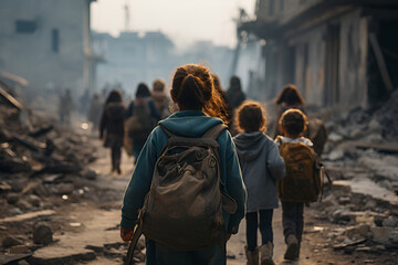 Women and children of refugees are fleeing a war-torn city - obrazy, fototapety, plakaty