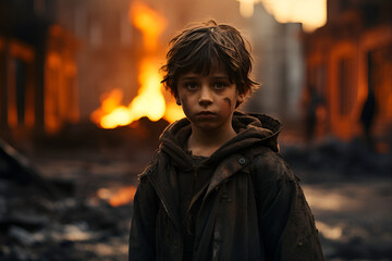 A boy stands in the middle of a war-torn city