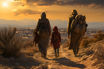 A refugee family escapes conflict and war - obrazy, fototapety, plakaty