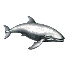 1800s-style engraving of the rare Ginkgo-Toothed Beaked Whale on white background.
