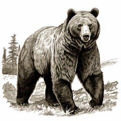 Fototapeta premium Vintage Grizzly Bear Engraving: 1800s Style Illustration on White.