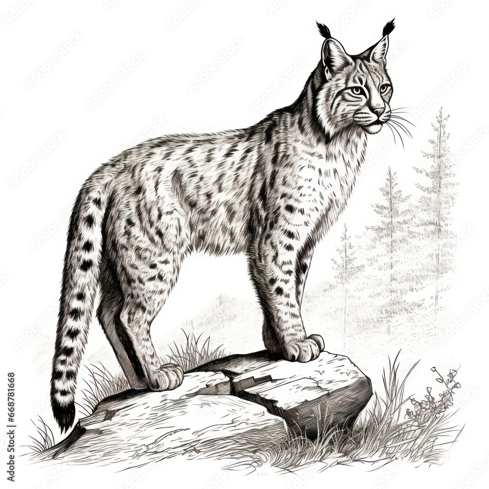 Wall mural vintage-style iberian lynx engraving on white