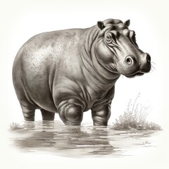 1800s Style Engraving of Hippo on White Background: Vintage Illustration. - 668781639