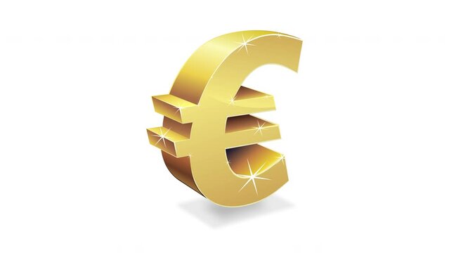 Looped animation of the 3D gold euro symbol floating and sparkling with its shadow on a white background, with transparency and alpha channel