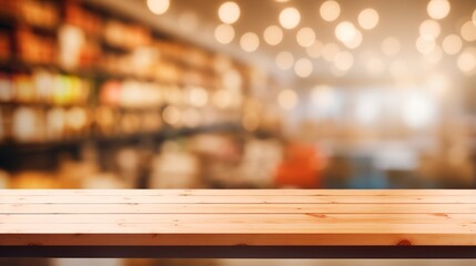 Empty wooden surface with a defocused background of a grocery store aisle for showcasing products.