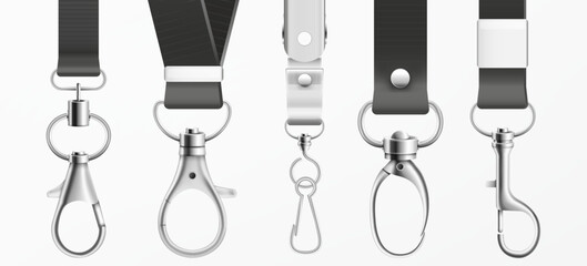 Metal claw clasp on black lanyards set vector illustration
