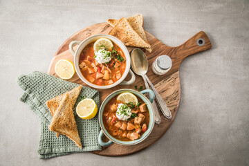 Ost Deutsche DDR GDR Soljanka Eintopf Suppe mit Jagdwurst, Saure Gurken, Letscho, Schmand, Zitrone, Toast und Petersilie auf Holzbrett mit Löffel, Salzstreuer und hell grau Stein Hintergrund