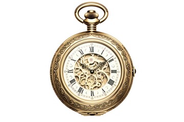 Detailed engraving of antique pocket watch on white. - obrazy, fototapety, plakaty