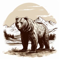 Vintage engraving of Kodiak bear in 1800s style on white background.