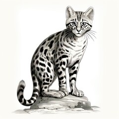 Vintage illustration of a leopard cat engraved in 1800s style on white background.
