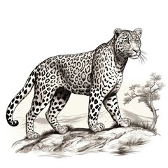 Vintage engraving-style leopard illustration on white â€“ evoking the artistry of the 19th century.