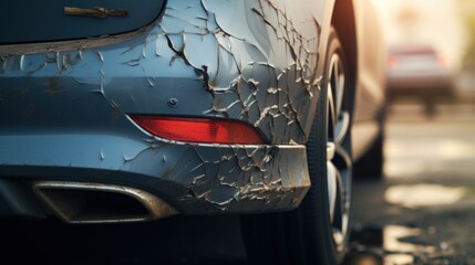 Car's back bumper dented in a recent mishap. - obrazy, fototapety, plakaty