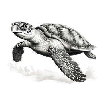 1800s-style Engraving Of Kemp's Ridley Turtle On White Background