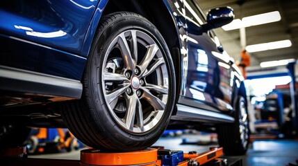 Technicians aligning car wheels at an auto service center. - obrazy, fototapety, plakaty