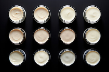 Pattern of 12 cosmetic cream jars on clean black background.  Top view, flat lay. Beauty products.