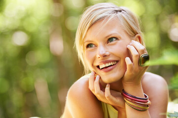 Thinking, outdoor and nature with woman, smile and freedom with inspiration, happiness and summer. Person, outside and girl with ideas, carefree and sunshine with fantasy, forest and countryside