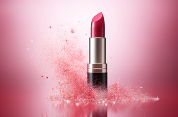 Red lipstick in the center of paint splash. Cosmetic product. Pastel colors.
