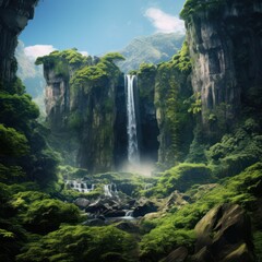 Ethereal waterfall tumbling on verdant cliff.