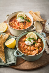 Ost Deutsche DDR GDR Soljanka Eintopf Suppe mit Jagdwurst, Saure Gurken, Letscho, Schmand, Zitrone, Toast und Petersilie auf Holzbrett mit Löffel, Salzstreuer und hell grau Stein Hintergrund
