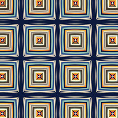 Retro knit afghan blanket pattern vector. Kitschy, vintage throwback style with blue, mint, gold, orange and cream ivory. Vector design for any use, including fabric, print, cover, banner, etc.