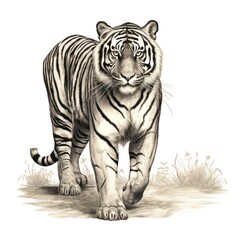 Vintage Engraving of Malayan Tiger in 1800s Style on White Background