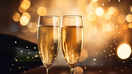 Elegant Champagne Pouring: Bottles Filling Sparkling Champagne Glasses on a Shimmering and Luxurious Golden Background - Celebratory and Glamorous Concept