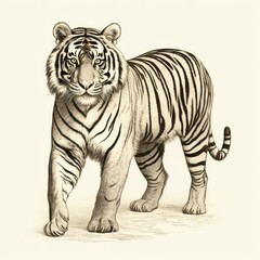 1800s-style Malayan tiger vintage engraving on white background.