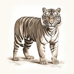 Vintage Engraved Malayan Tiger in 1800s Style on White Background