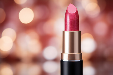 Red lipstick close-up on bright blurred bokeh background. Cosmetic product.