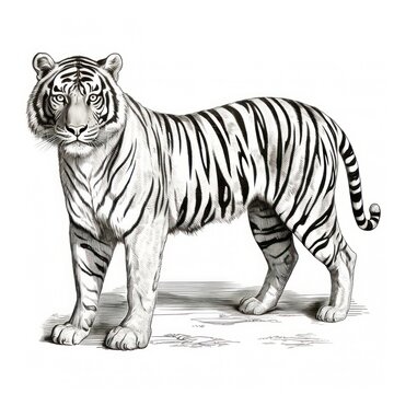 Vintage Engraving of Malayan Tiger in 1800s Style on White Background.