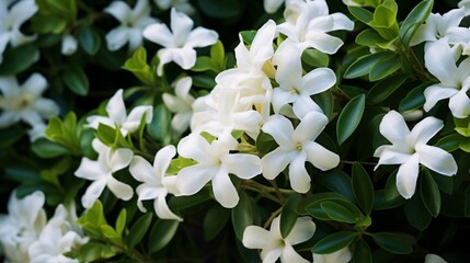 A close-up of jasmine flowers, their whiteness contrasting with the deep green of their leaves.