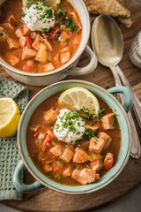 Ost Deutsche DDR GDR Soljanka Eintopf Suppe mit Jagdwurst, Saure Gurken, Letscho, Schmand, Zitrone, Toast und Petersilie auf Holzbrett mit Löffel, Salzstreuer und hell grau Stein Hintergrund