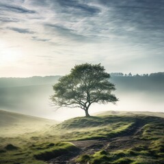 Misty hilltop: lone tree paints serene view.
