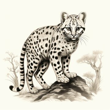 Vintage Margay Engraving in 1800s Style, Illustrated on White