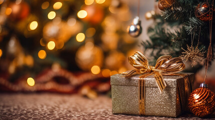 Fototapeta na wymiar Christmas decoration, tree, ball, gift box, bokeh background
