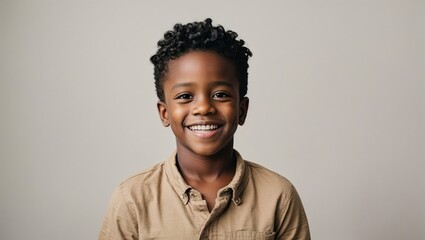 Young black boy smiling with plain white background 