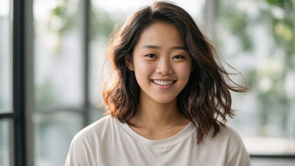 Young asian teenage girl smiling with plain white background  - Powered by Adobe