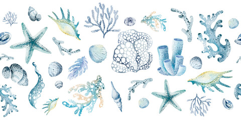 Underwater cartoon seamless border in blue tones. Watercolor Various sea elements on a white background. Hand drawn nautical design. - obrazy, fototapety, plakaty